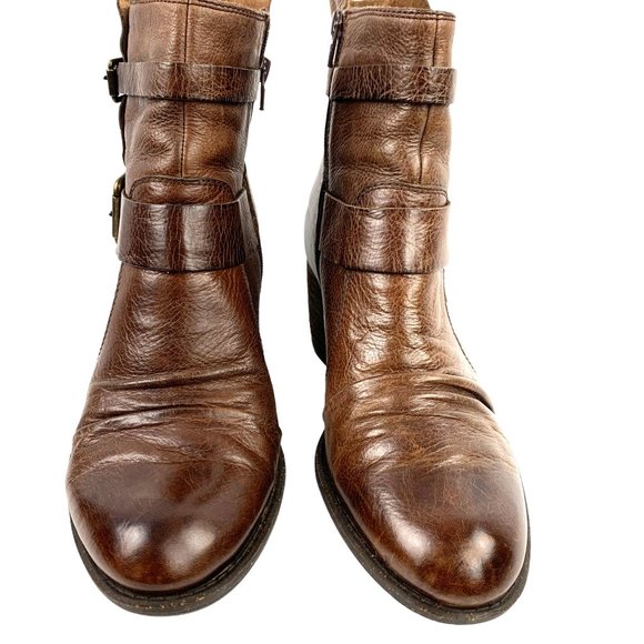 NAYA‎ Virtue Distressed Brown Leather Ruched Zip Buckle Ankle Boots - Picture 4 of 10